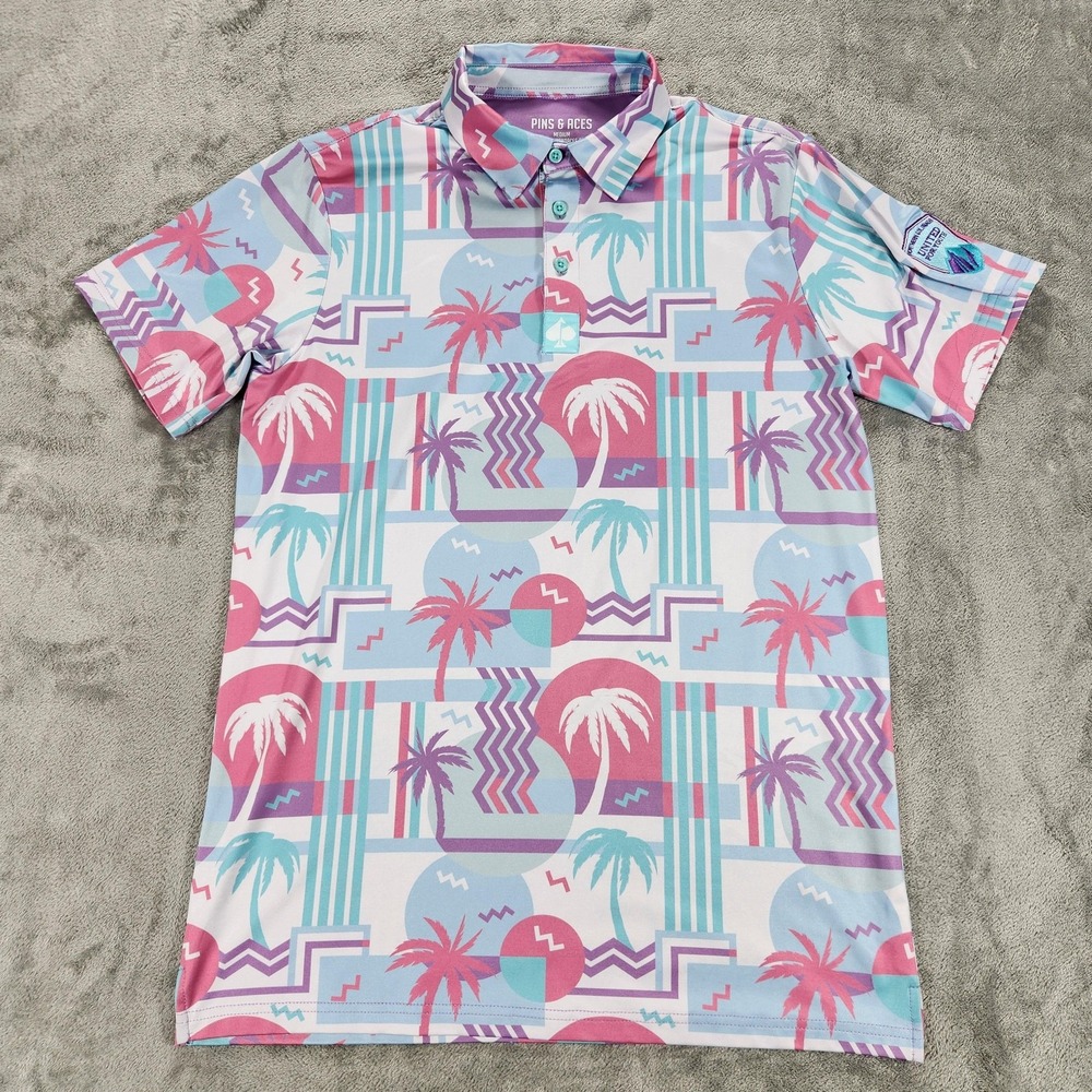 Pins & Aces Polo Shirt Mens Medium Pastel Palm Print Golf‎ Performance Stretch